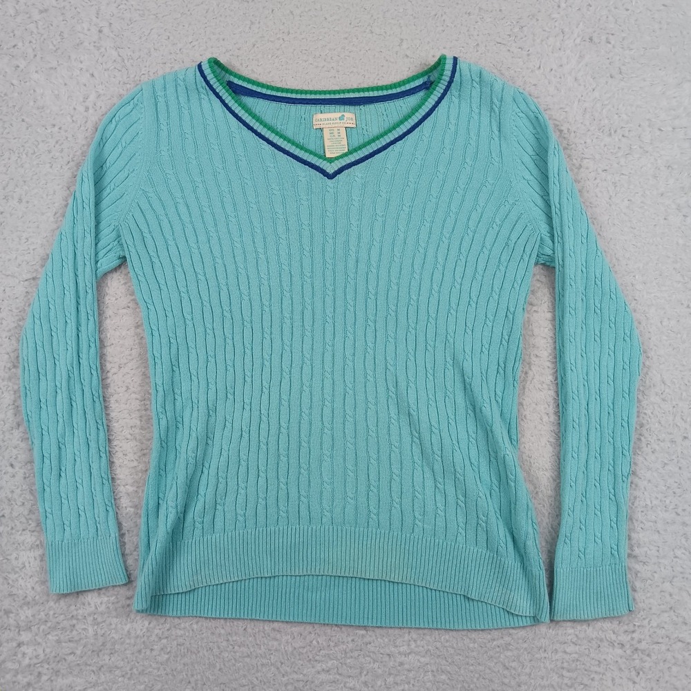 Caribbean Joe Sweater V-Neck Women M Turquoise Cable Knit Contrast Trim RN 34570